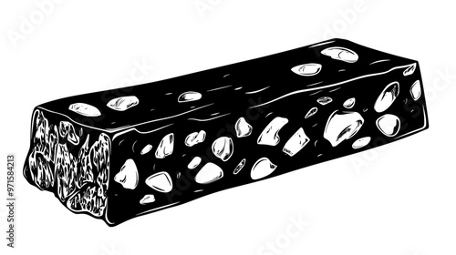 Section of hard nougat with solid, non-flexible texture and evident nut distribution, vector illustration art