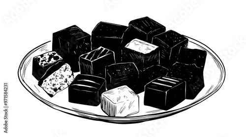 Selection of fudge pieces on a glass platter, each distinct, vector illustration art