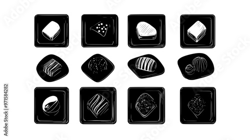 Set of chocolates in personalized shapes, organized in straight lines on a clean tray, vector illustration art