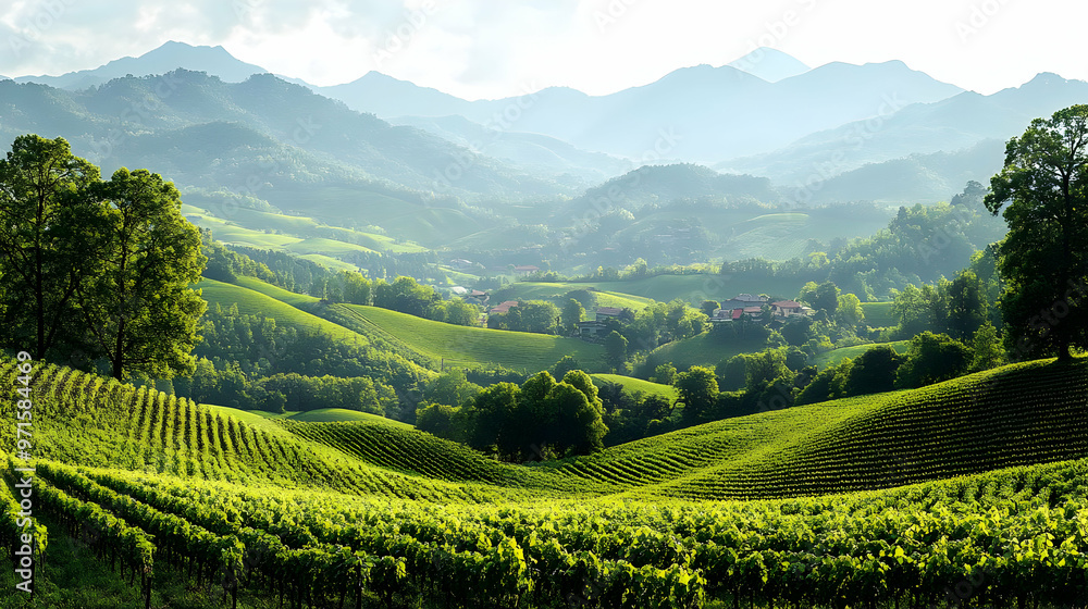 Lush green vineyards stretch across rolling hills under a cloudy sky. Lush green vineyards stretch across rolling hills under a cloudy sky.