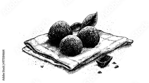 Single filled truffle on a decorative cloth, with scattered cocoa powder, vector illustration art