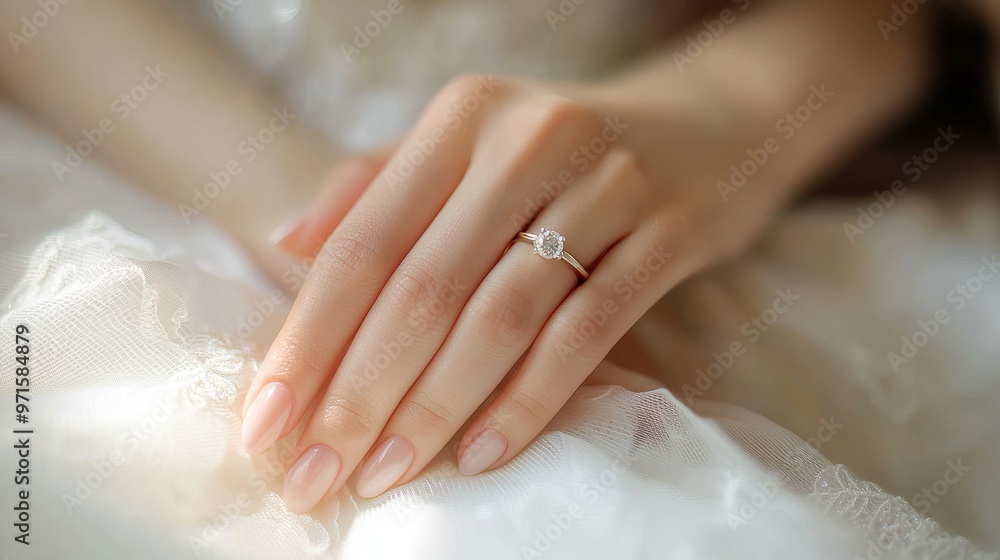 A Close-Up View of a Diamond Engagement Ring on a Bride's Finger, Engagement Ring, Wedding, Bride A Close-Up View of a Diamond Engagement Ring on a Bride's Finger, Engagement Ring, Wedding, Bride