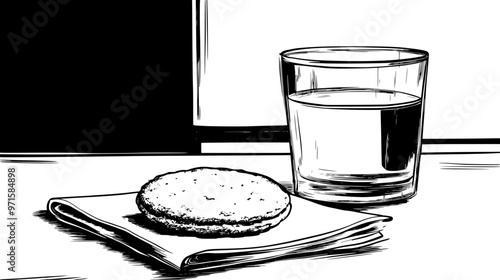 Single shortbread cookie on a napkin next to a glass on a kitchen counter, vector illustration art