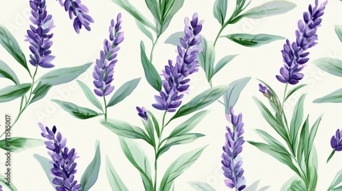 Floral pattern with purple lavender and soft green leaves generative ai