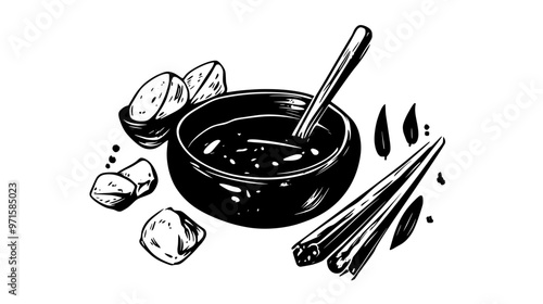 Small ceramic dish with savory sauce, surrounded by dipping items, vector illustration art