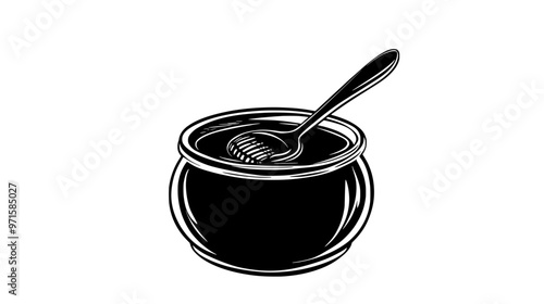 A small ceramic pot filled with honey, with a spoon dipped into the sticky substance, vector illustration art
