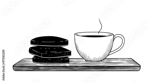 Stack of shortbread fingers beside a teacup on a wooden countertop, vector illustration art