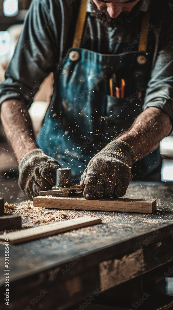 A skilled carpenter using clamp to hold pieces of wood while working A skilled carpenter using clamp to hold pieces of wood while working