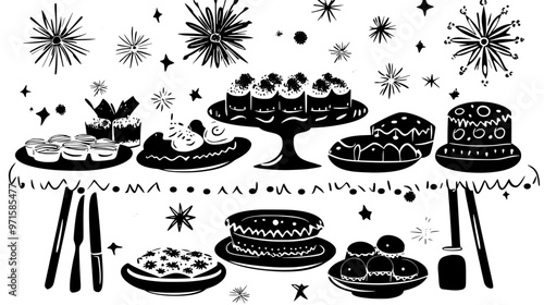 Table filled with cookie trays, prepared for an annual holiday celebration gathering, vector illustration art