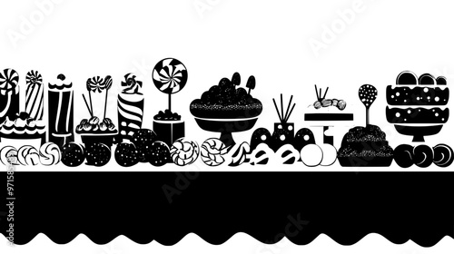 Table filled with organized piles of candy awaiting distribution at a themed event, vector illustration art