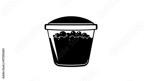 A transparent container with a lid, holding a mixture of fruit compote and syrup, vector illustration art