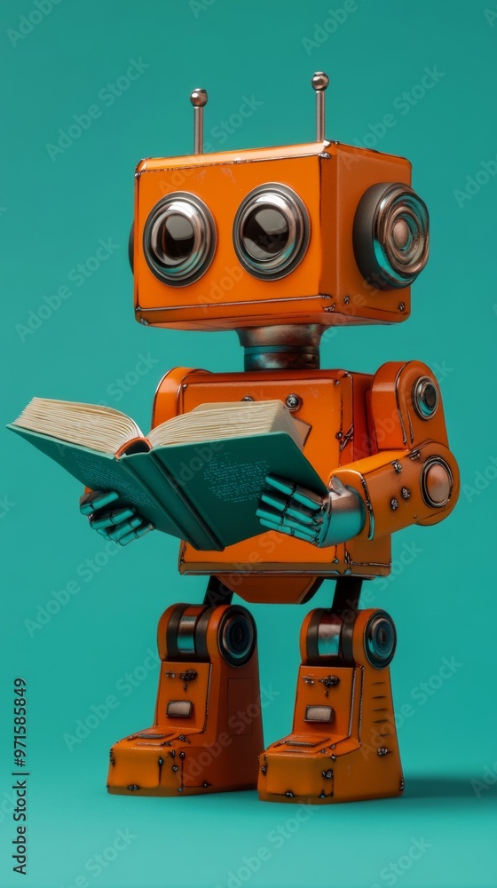 Orange robot holding a book and learning new information Orange robot holding a book and learning new information