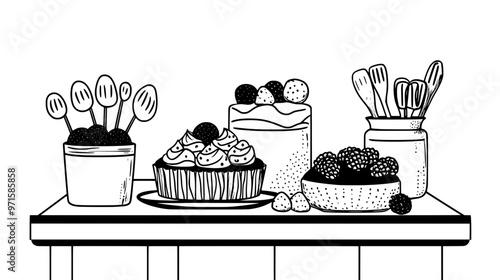 Tray of egg-free cakes on a kitchen counter beside a bowl of mixed fruit, vector illustration art