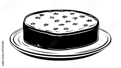 Whole sponge cake resting on a clean, flat serving plate, vector illustration art