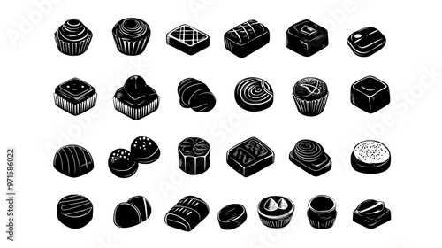 Variety of chocolates in unique personalized shapes, aligned evenly in a square layout, vector illustration art