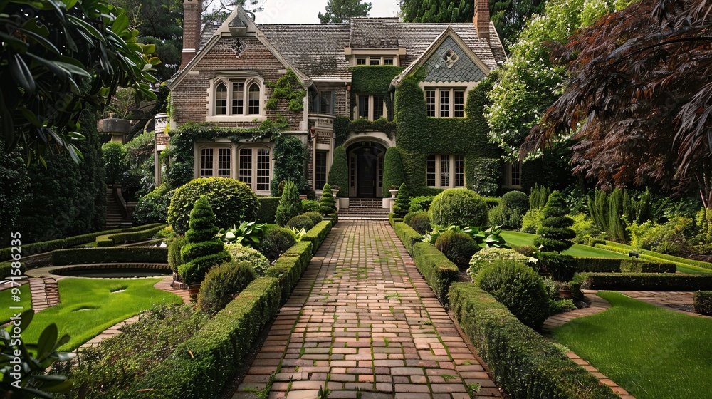 Brick Path Leading to a Luxurious Home with Lush Greenery Brick Path Leading to a Luxurious Home with Lush Greenery