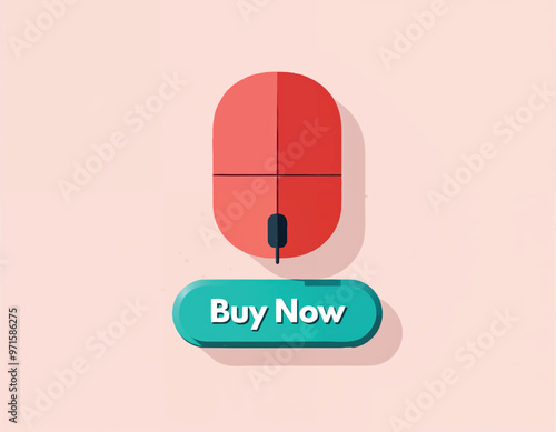 minimalist vector of a red mouse with a tosca button that says buy now on pink background