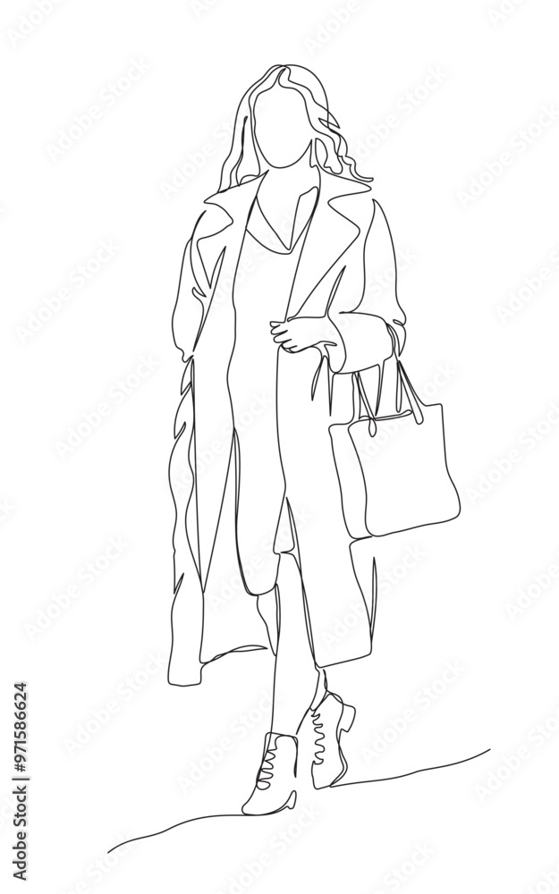 Woman in coat with shopping bag walking. Continuous one line drawing. Black and white vector illustration in line art style. Woman in coat with shopping bag walking. Continuous one line drawing. Black and white vector illustration in line art style.