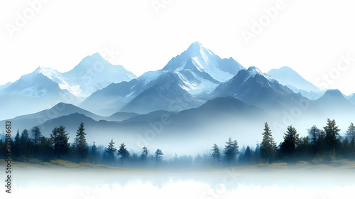 Serene mountain landscape with mist and trees, evoking tranquility and nature's beauty.