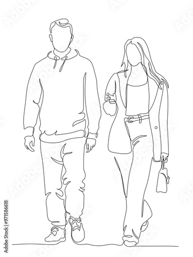 Man and woman talking and walking. Woman with long hair holding purse. Continuous line drawing. Black and white vector illustration in line art style.