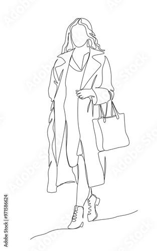 Woman in coat with shopping bag walking. Continuous one line drawing. Black and white vector illustration in line art style.