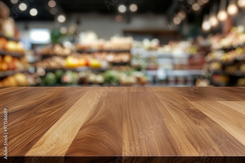 Wooden tabletop with blurred grocery store background