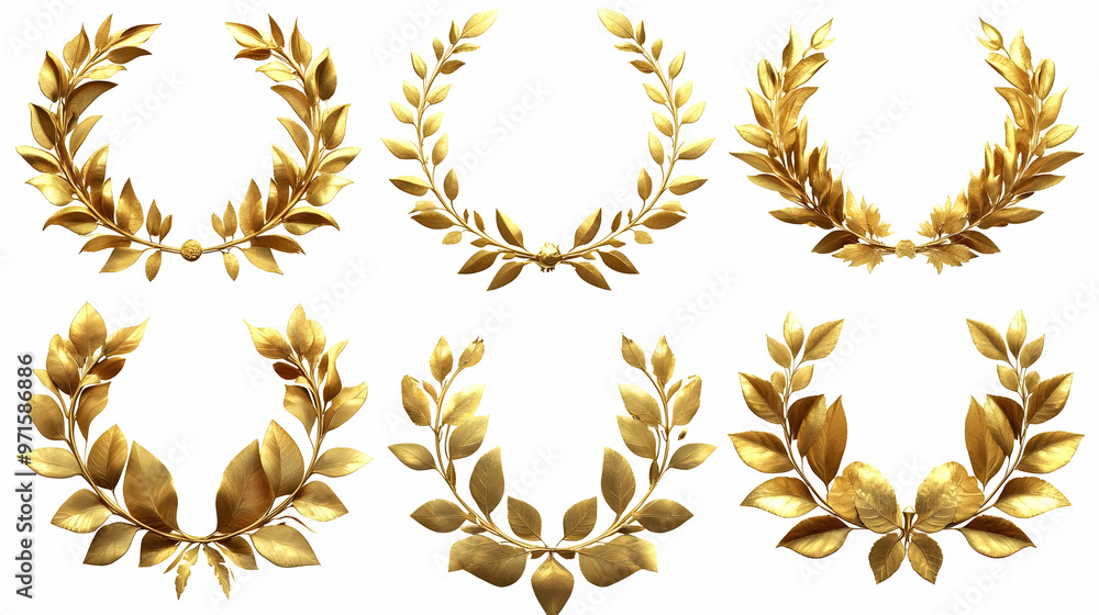 Six golden laurel wreath designs, symbolizing victory and achievement. Six golden laurel wreath designs, symbolizing victory and achievement.