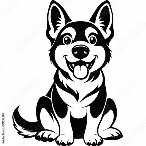 Happy German shepherd puppy cartoon, black and white vector illustration