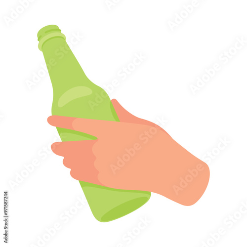 Glass Bottle with Beer Hold by Hand Vector Illustration