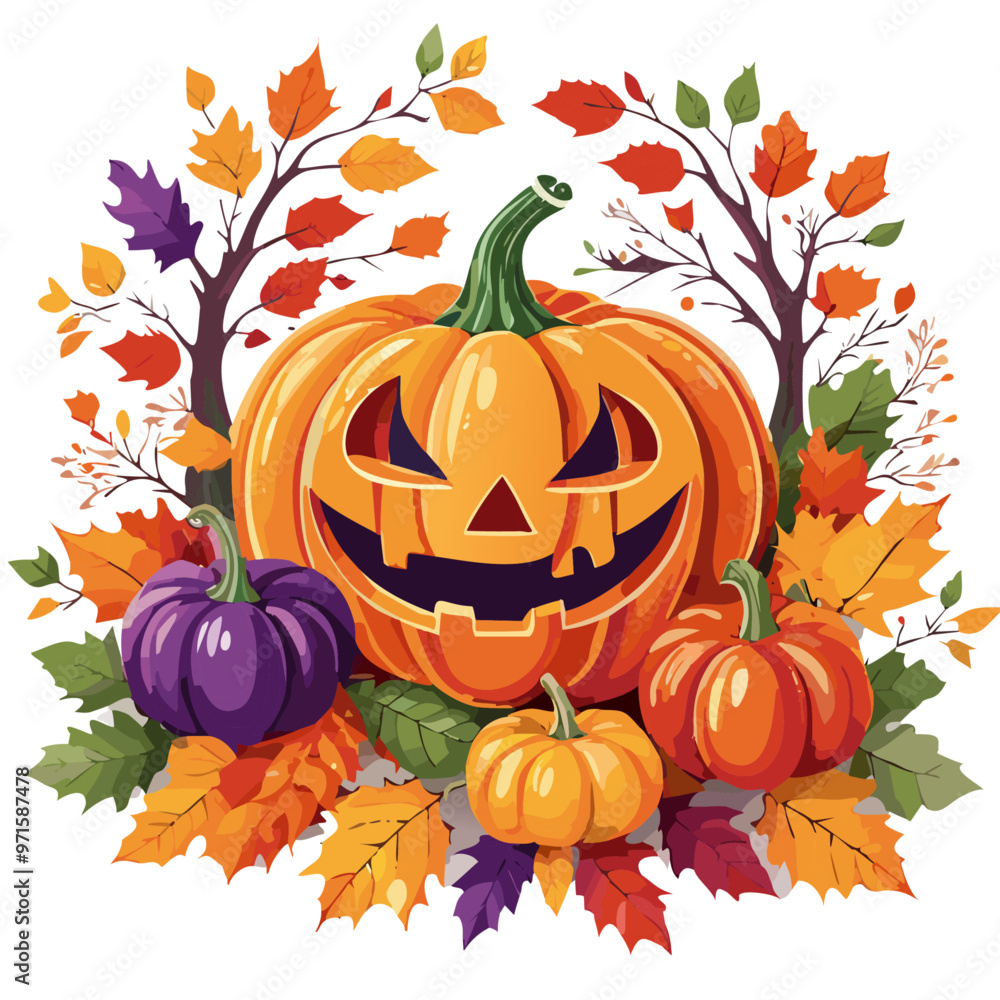 Jack-O'-Lantern with Autumn Leaves Vector Illustration for Halloween Jack-O'-Lantern with Autumn Leaves Vector Illustration for Halloween