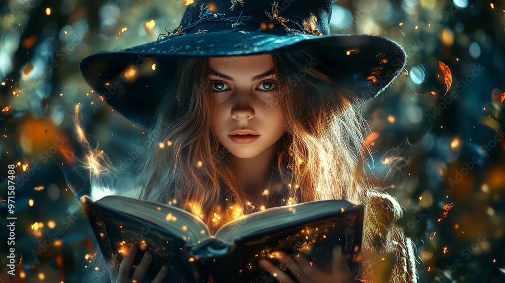 A young witch reading a spellbook surrounded by glowing magical elements in an enchanted forest during twilight A young witch reading a spellbook surrounded by glowing magical elements in an enchanted forest during twilight