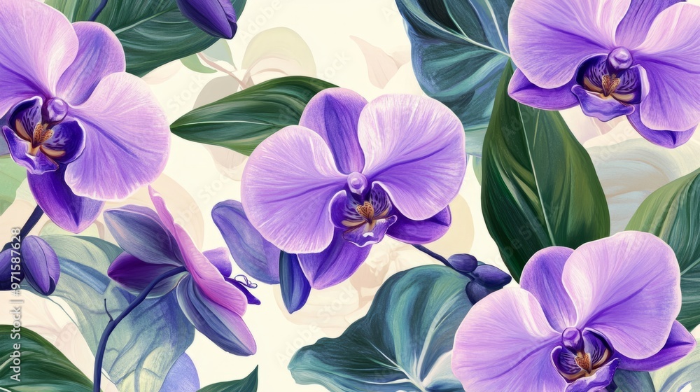 Floral pattern with purple orchids and light green leaves generative ai Floral pattern with purple orchids and light green leaves generative ai