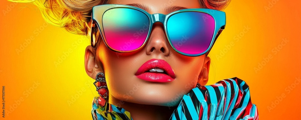 Close-up Portrait of a Woman with Bright Sunglasses and a Colorful Jacket, Yellow Background, digital art, portrait, fashion, sunglasses, bright Close-up Portrait of a Woman with Bright Sunglasses and a Colorful Jacket, Yellow Background, digital art, portrait, fashion, sunglasses, bright