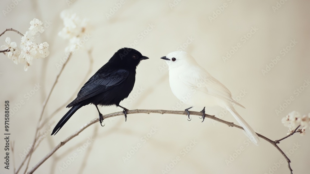 Two birds perched on branch looking at each other