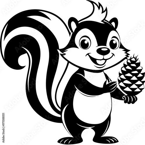 Cute skunk holding pine cone, black and white vector illustration