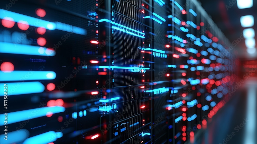Futuristic Data Center Hallway with Vibrant Neon Lighting and Digital Infrastructure Futuristic Data Center Hallway with Vibrant Neon Lighting and Digital Infrastructure