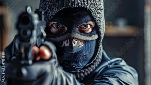 A masked individual brandishes a firearm during a tense standoff in an abandoned warehouse at night