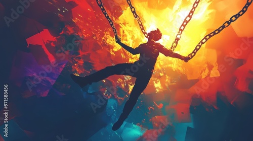 An artistic portrayal of a figure suspended in vibrant colors, representing struggle and liberation amidst chaotic energy.