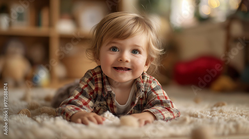 Funny small Baby Boy lying on Carpet inside in room on Blurred Background. Happy Childhood Concept 