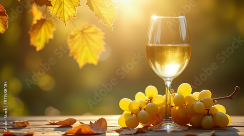 Glas mit weißem Wein und Trauben in herbstlicher Atmosphäre