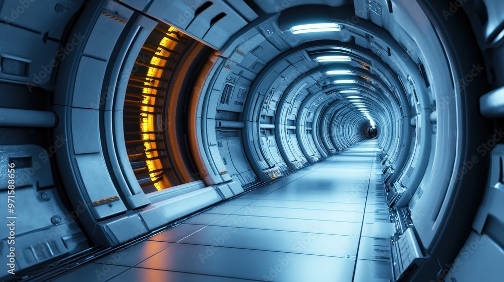 Futuristic corridor with sleek metallic walls and illuminated pathways, showcasing advanced technology in a sci-fi environment. Futuristic corridor with sleek metallic walls and illuminated pathways, showcasing advanced technology in a sci-fi environment.