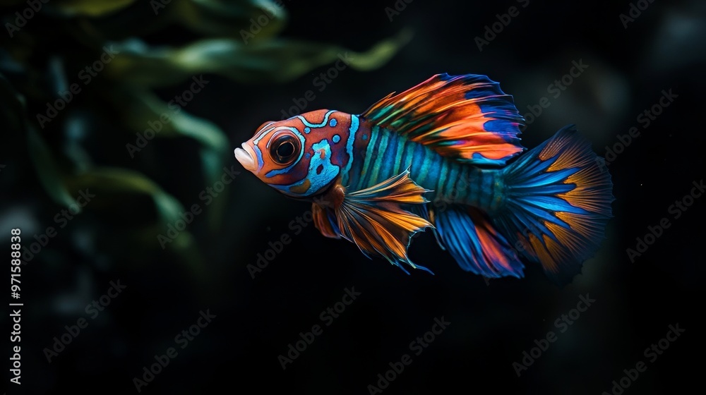 Mandarin fish swimming in front of dark background Mandarin fish swimming in front of dark background