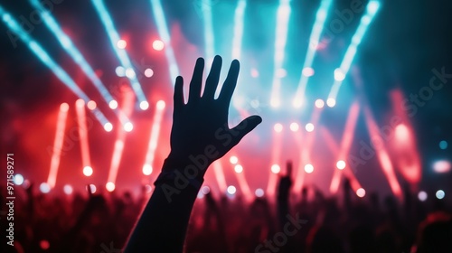 A vibrant concert scene with a raised hand in the foreground, illuminated by colorful stage lights creating an energetic atmosphere.