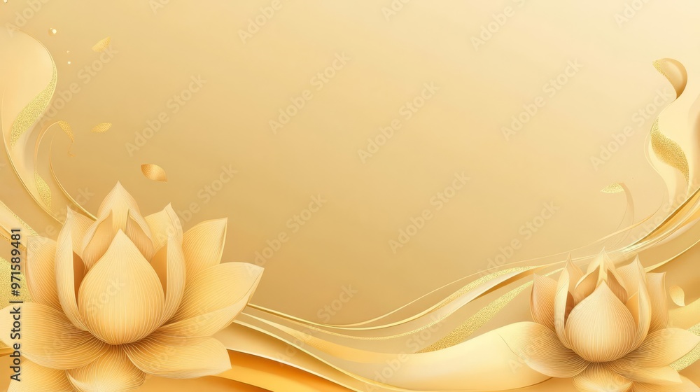 Elegant golden background with lotus flowers and smooth flowing lines, perfect for invitations, cards, or luxury themed designs. Elegant golden background with lotus flowers and smooth flowing lines, perfect for invitations, cards, or luxury themed designs.