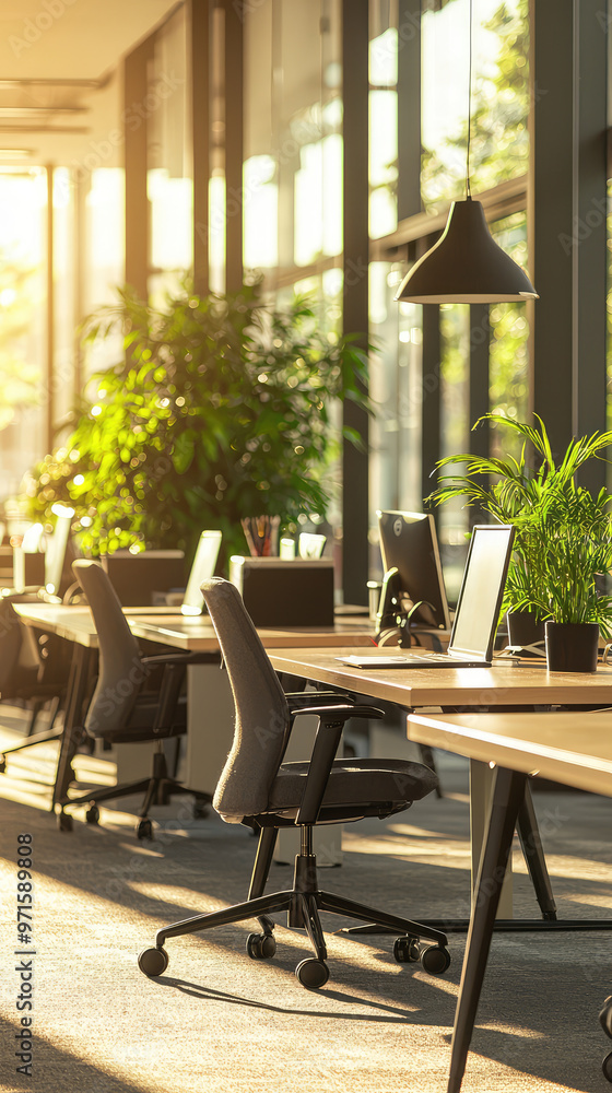 Fototapeta premium Bright sunlit office with modern desks and chairs, featuring lush plants