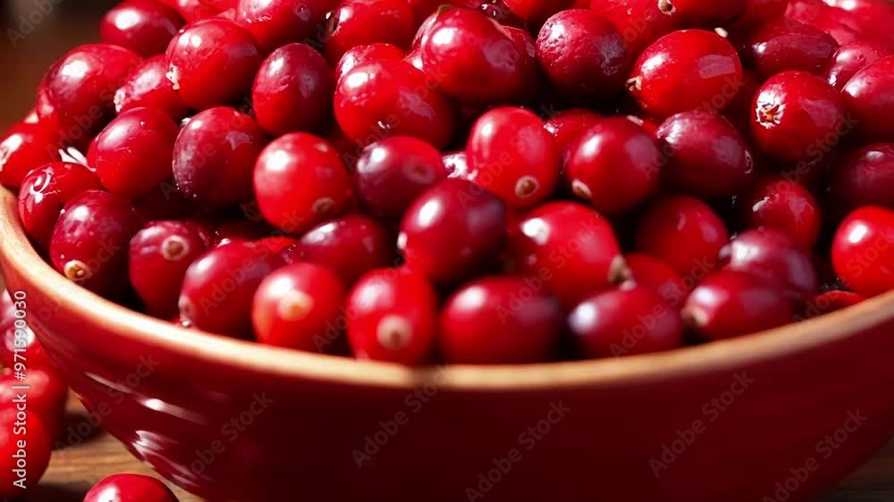 Festive red bowl of cranberries on a wooden table with twinkling lights, creating a cozy holiday vibe perfect for winter celebrations Festive red bowl of cranberries on a wooden table with twinkling lights, creating a cozy holiday vibe perfect for winter celebrations