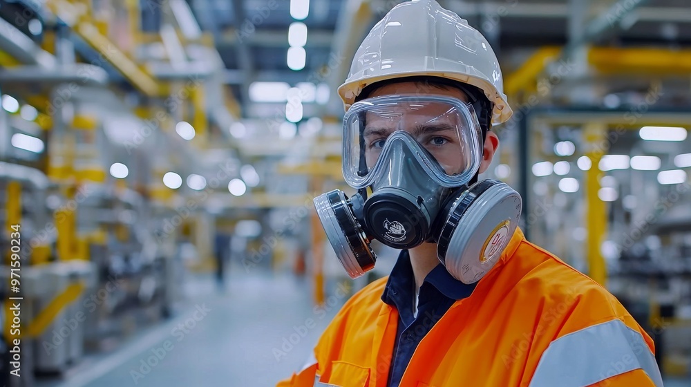Industrial Worker Wearing Respirator Mask, Close-Up, Portrait, Factory, Safety Gear, Industrial, Safety Industrial Worker Wearing Respirator Mask, Close-Up, Portrait, Factory, Safety Gear, Industrial, Safety