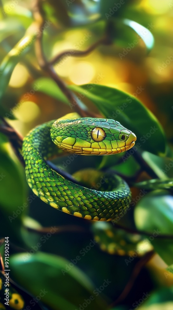 Green tree viper posing on a branch Green tree viper posing on a branch
