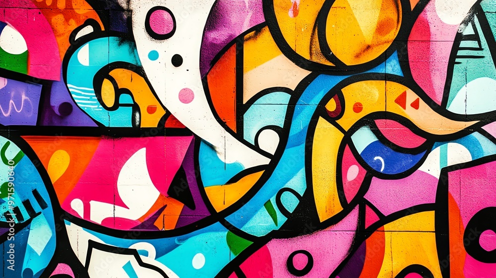A colorful and abstract graffiti mural on a brick wall. A colorful and abstract graffiti mural on a brick wall.