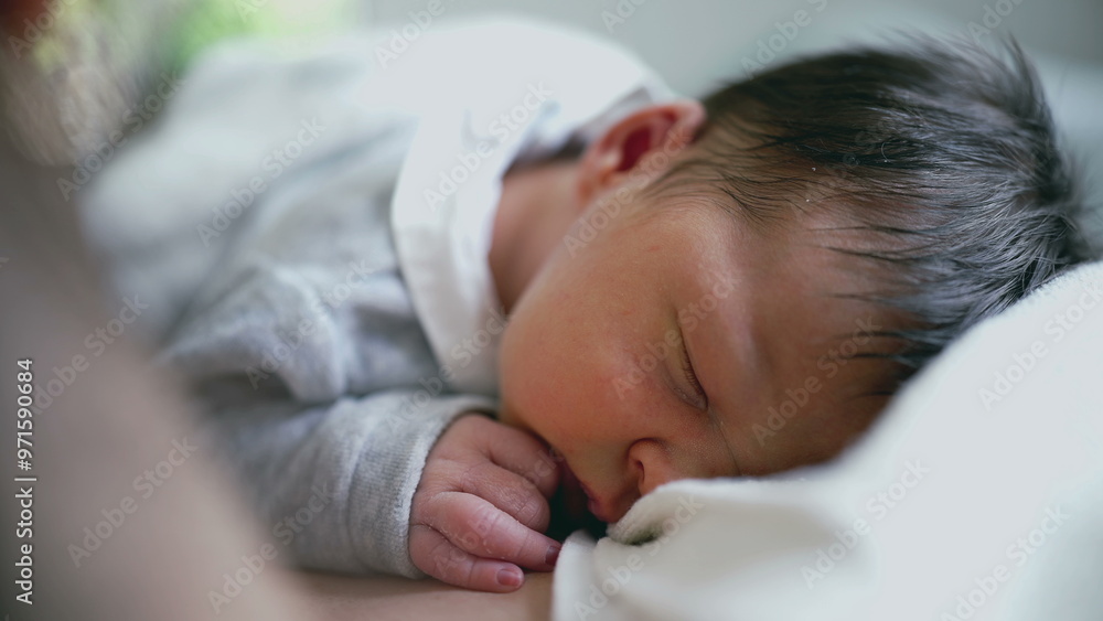 Close-up of a newborn baby peacefully sleeping on mother’s chest, highlighting the gentle warmth, comfort, and deep connection shared in a serene and loving environment Close-up of a newborn baby peacefully sleeping on mother’s chest, highlighting the gentle warmth, comfort, and deep connection shared in a serene and loving environment